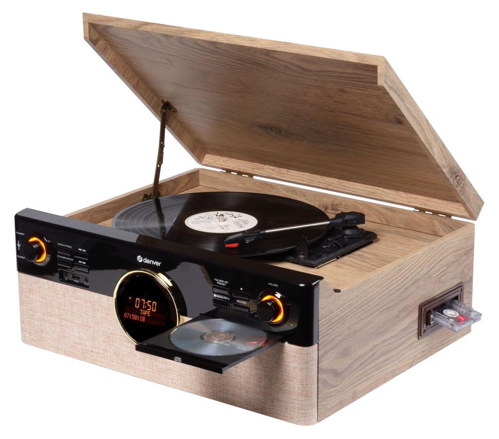 A retro-style music center with a turntable, CD player, and cassette player, shown with its lid open.