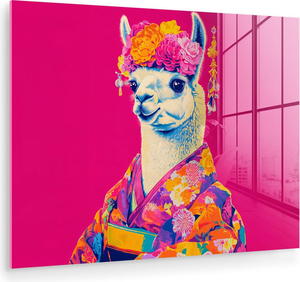 MuchoWow Glasbilder - Bilder auf Wandbild - Foto auf Glas Lama - Kimono - Blumenkranz - Hellrosa 80x60 cm Wanddekoration aus Glas - Acrylglasbild -...