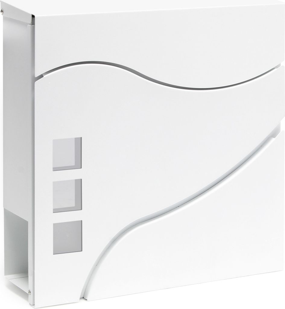 Wiltec Designer Briefkasten V28 weiß 370 x 105 x 370 mm, Wandbriefkasten mit Schloss, Sichtfenstern und Zeitungsrolle, Postkasten aus pulverbeschi...