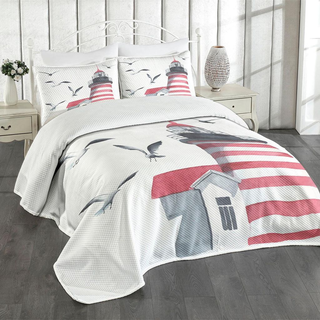 ABAKUHAUS Leuchtturm Tagesdecke Set, Leuchtturm Und Seemöwen Am Strand Navigationshilfe Küstenwasserstraßen, 264 x 220 cm, Weiß Grau Rot