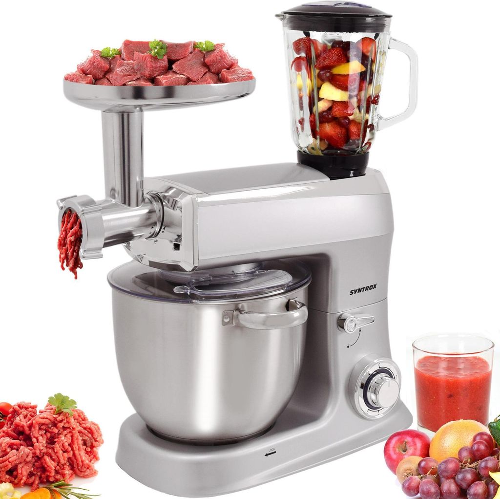 Syntrox Germany 7.5L Küchenmaschine Wasas mit 1500W, Fleischwolf, Mixer & Teigknetmaschine – Multifunktional, 6 Geschwindigkeitsstufen (Silber)