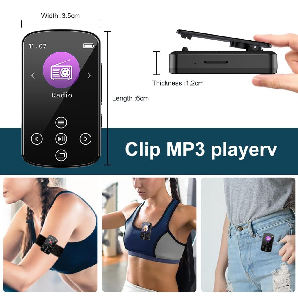 MP3-08 MP3-Player mit BT 5.4 Backclip 1,5" High-Clear-Touchscreen Tragbarer Player Eingebauter Lautsprecher FM-Radio Sprachrekorder fuer Sport