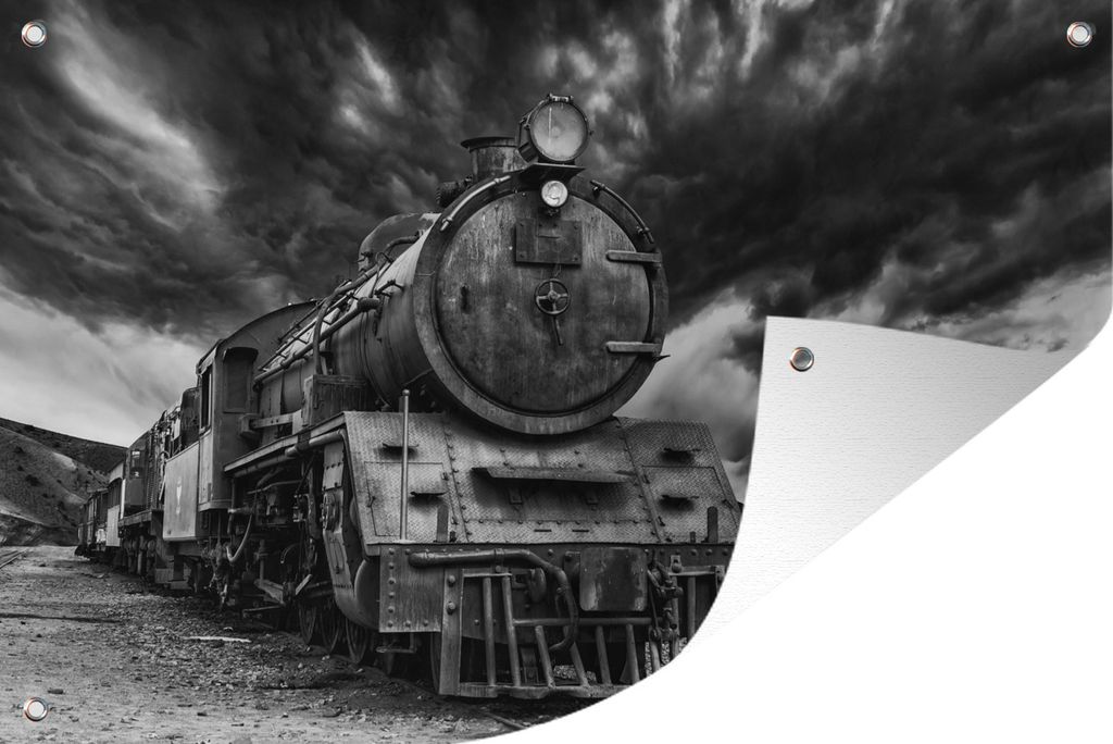 MuchoWow 120x80 cm Outdoor-Poster Gartendeko Sichtschutz Garten Poster für den Garten Schwarz-Weiß-Foto einer Dampfeisenbahn im asiatischen Jor...