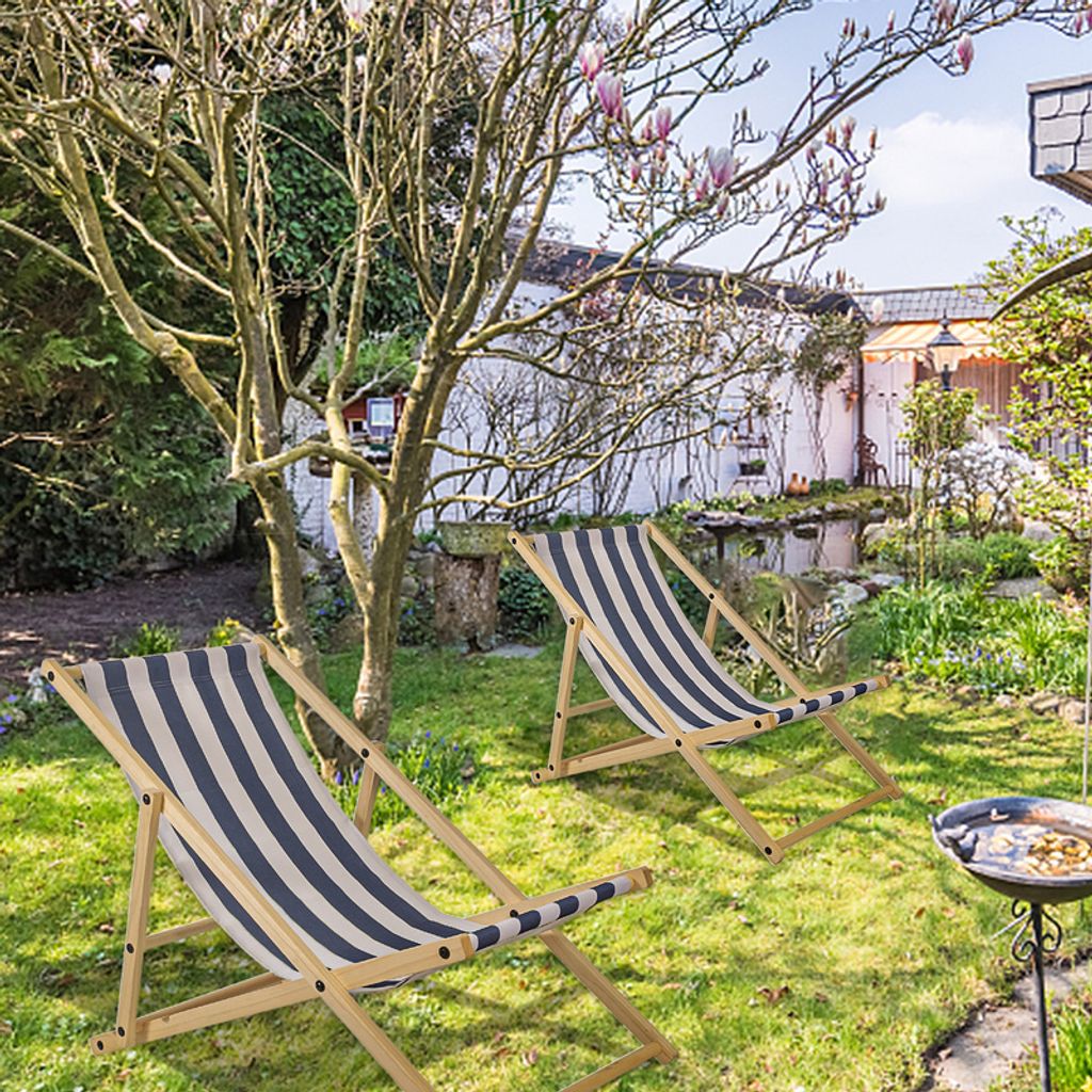 Jiubiaz Liegestuhl Relaxliege Sonnenstuhl 120kg Chair Liege Gemühtlicher Klappbar Holz Blau weiß 2 Stück