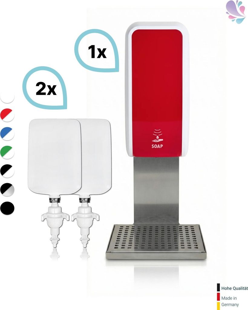 SET: Schaumseifenspender SENSOR Cosmos (berührungslos) +2x1L Schaumseife mild+ Edelstahlhalterung mit Auffangschale Wandmontage : Farbe - Rot / We...