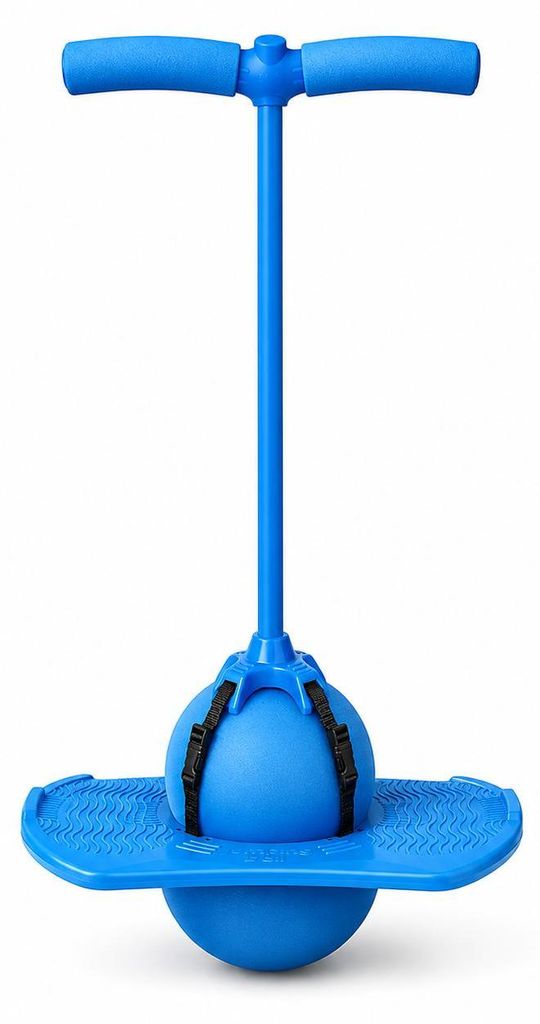 Blauer Pogo-Ball, ein Spielzeug zum Hüpfen, mit Griff, Trittplattform und aufblasbarem Ball in der Mitte
