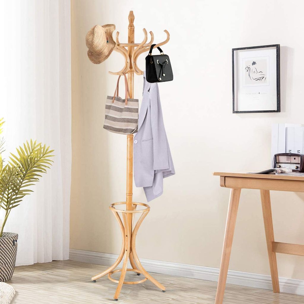 GOPLUS Garderobenständer 184cm, Garderobe aus Holz, Kleiderständer mit Schirmständer, Garderobe-Aufhänger mit 12 Kleiderhaken