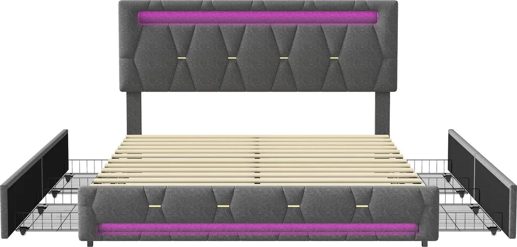 Lit double tapissé 140x200 cm gris avec sommier et tiroirs fonctionnels