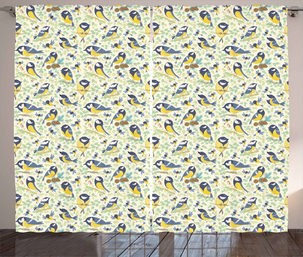 ABAKUHAUS Vögel Rustikaler Vorhang, Tannenzapfen und Blätter Doodle, Wohnzimmer Universalband Gardinen mit Schlaufen und Haken, 280 x 245 cm, Meh...