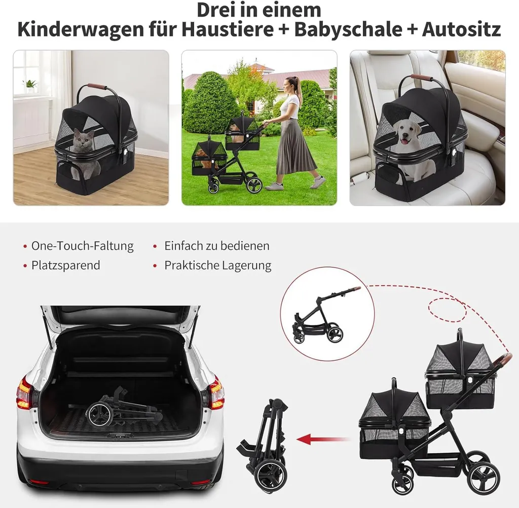 Chariot pour chien pliable compact noir avec sangles de sécurité fixes - 3