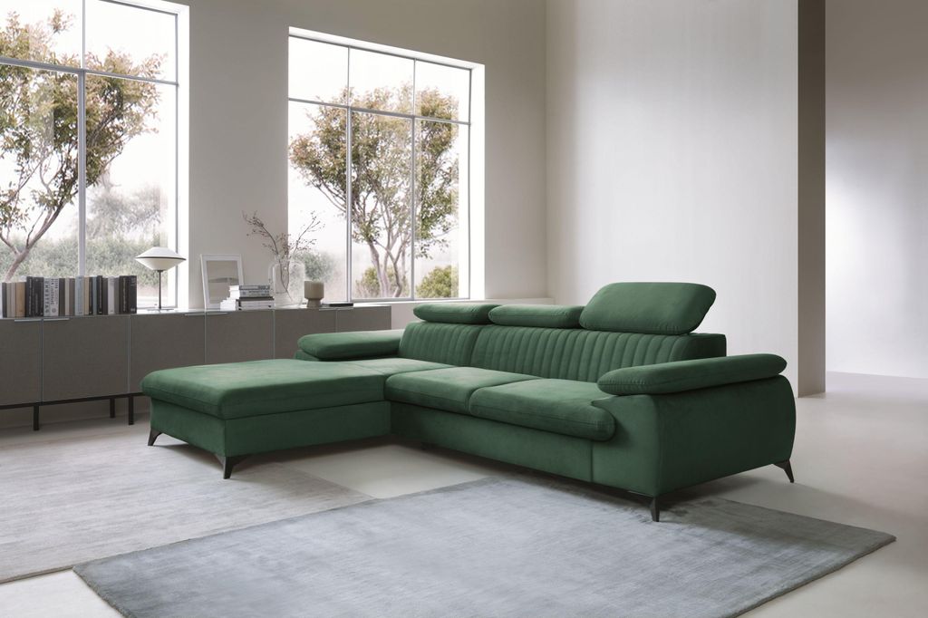 Masseno Ecksofa FIORE mit Schlaffunktion L-Form, Sofa mit Bettkasten, Wohnzimmersofa, Couch, Soffa, Bettsofa, Couchgarnitur- Grün, MONOLITH 37