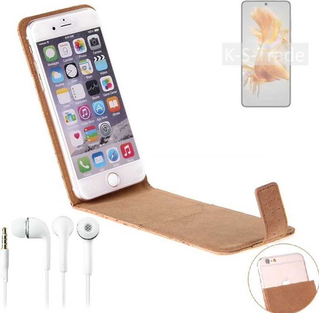 K-S-Trade Schutzhülle mit Kopfhörer kompatibel mit Huawei Mate 50E Handyhülle Cover Kork Tasche Flipstyle Case
