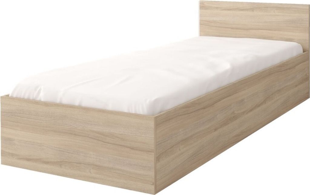 A single bed with a white mattress and a wooden frame, shown against a white background.