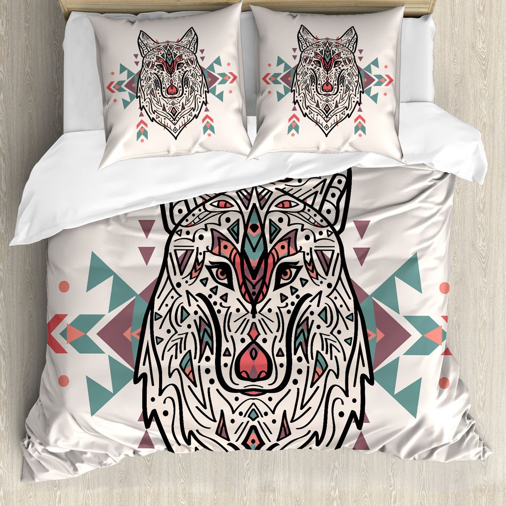 ABAKUHAUS Stammes Bettbezug, Big Wolf-Kopf-Verzierungen, Milbensicher Allergiker geeignet mit Kissenbezügen, 200 cm x 200 cm - 80 x 80 cm, Perle K...