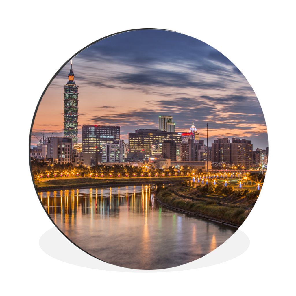 MuchoWow Aluminium Wandkreis Sonnenuntergang am Taipei 101 in Taiwan mit Spiegelung im Wasser Ø 90 cm Wanddeko Modern Wohnzimmer - Mauerkreis - ...