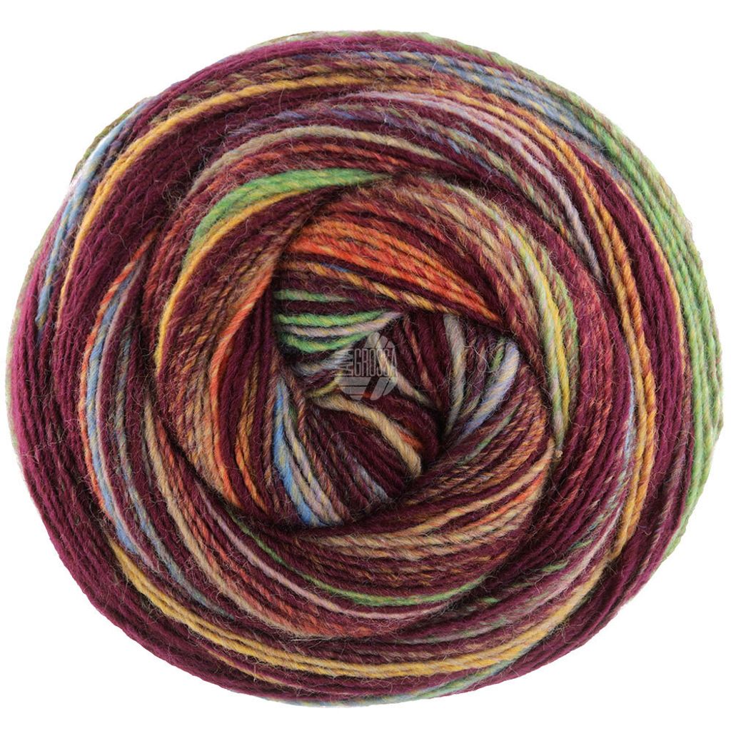 Lana Grossa GOMITOLO MAGICO 200 g Farbverlauf-Dochtgarn mit 700 m Lauflänge, Farbe:3022 - Brombeer/Beige/Graublau/Hellgrün/Altrosa/Orange