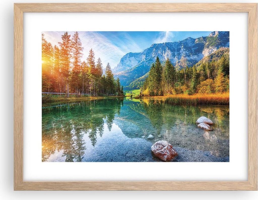 Gerahmtes Poster - Rahmen in heller Eiche - Landschaft Berge Morgendämmerung - 40x30 cm - Wand Bild - Wanddeko - Wandbilder - Kunstposter - Wandpo...