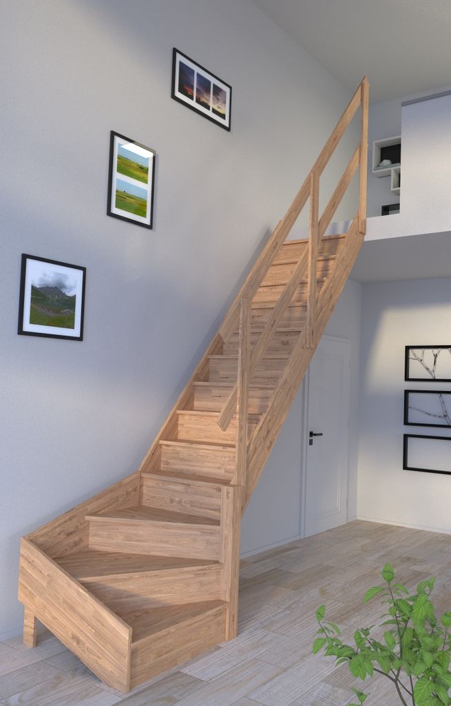 Holztreppe Rhodos in 1/4 gewendelter Ausführung rechts-Eiche-Holzgeländer-mit Setzstufen
