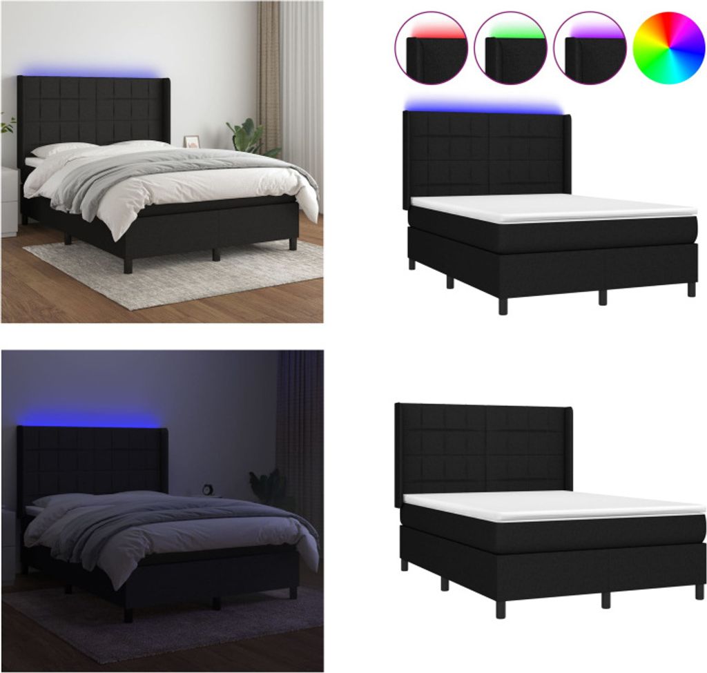 vidaXL Boxspringbett mit Matratze & LED Schwarz 140x200 cm Stoff - Boxspringbett - Boxspringbetten - Bett - Schlafzimmermöbel