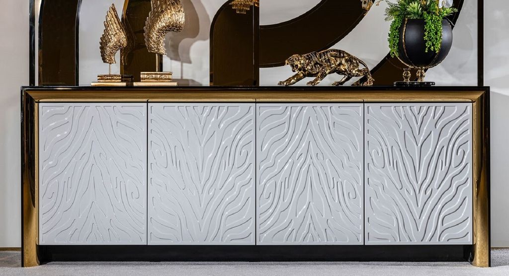Casa Padrino Luxus Sideboard Schwarz / Weißgrau / Gold 220 x 52 x H. 87,5 cm - Edler Massivholz Schrank mit 4 Türen - Luxus Möbel - Luxus Einric...