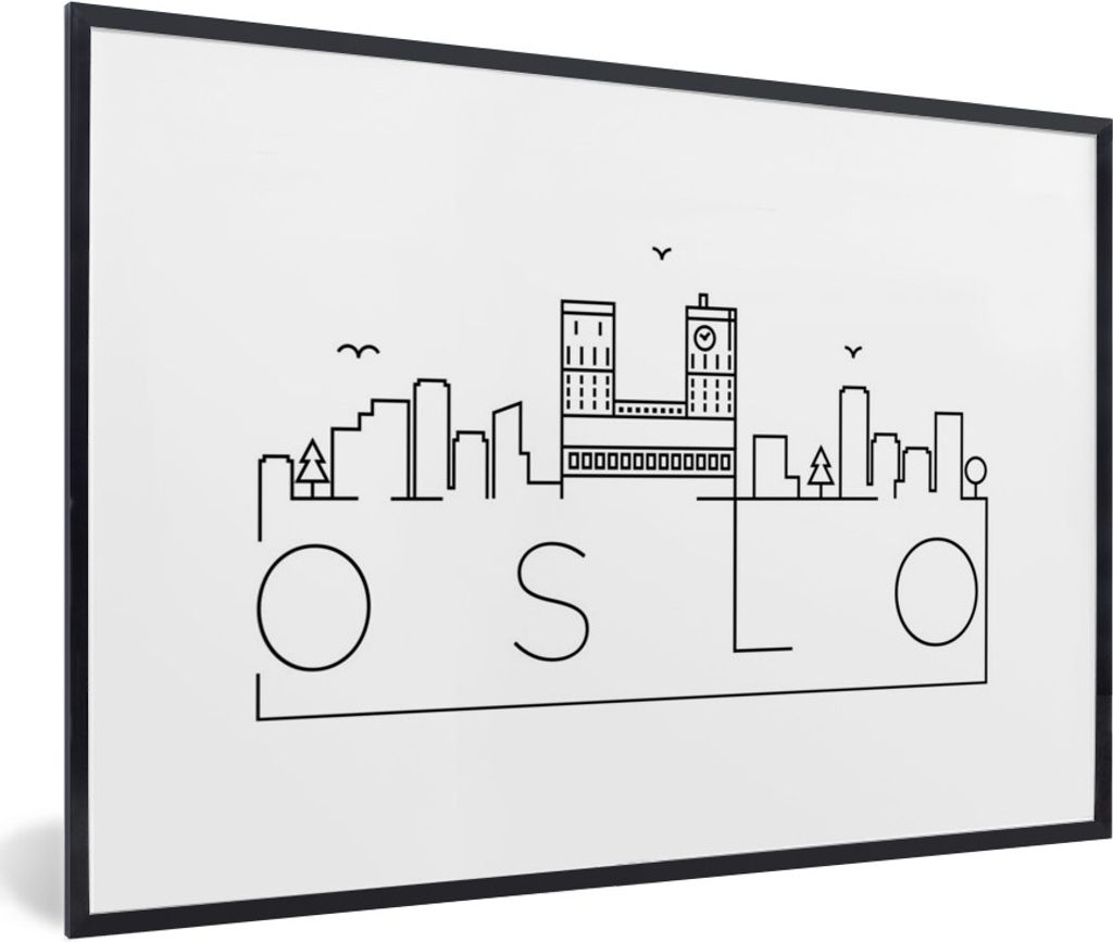 MuchoWow MuchoWow Gerahmtes Poster Skyline "Oslo" schwarz auf weiß 30x20 cm - Poster mit zchwarzem Bilderrahmen - Kunstdruck - Bild-Poster