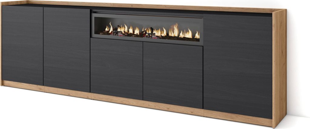 Sideboard, Highboard, 260x37x80cm, 5 Türen, Elektrokamin., Schwarz Eiche