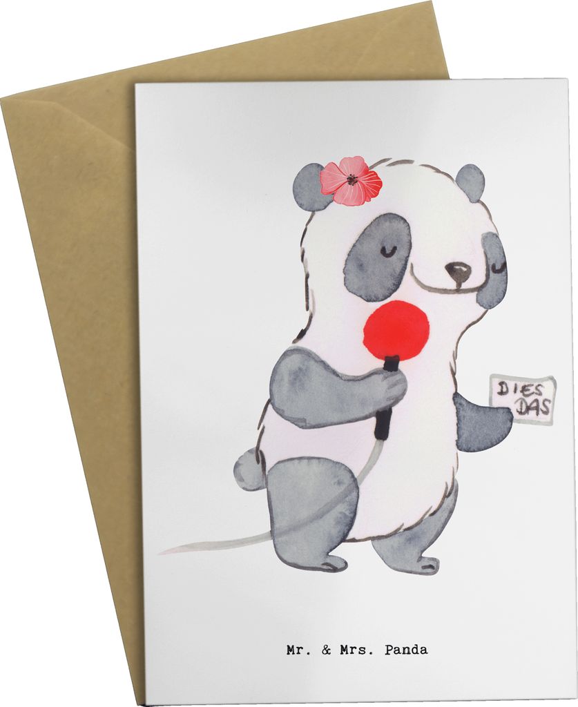 Mr. & Mrs. Panda Glückwunschkarte Reporterin Herz - Weiß - Geschenk, weihnachtskarten, vatertagskarte, einladungskarten, osterkarte, Klappkarte