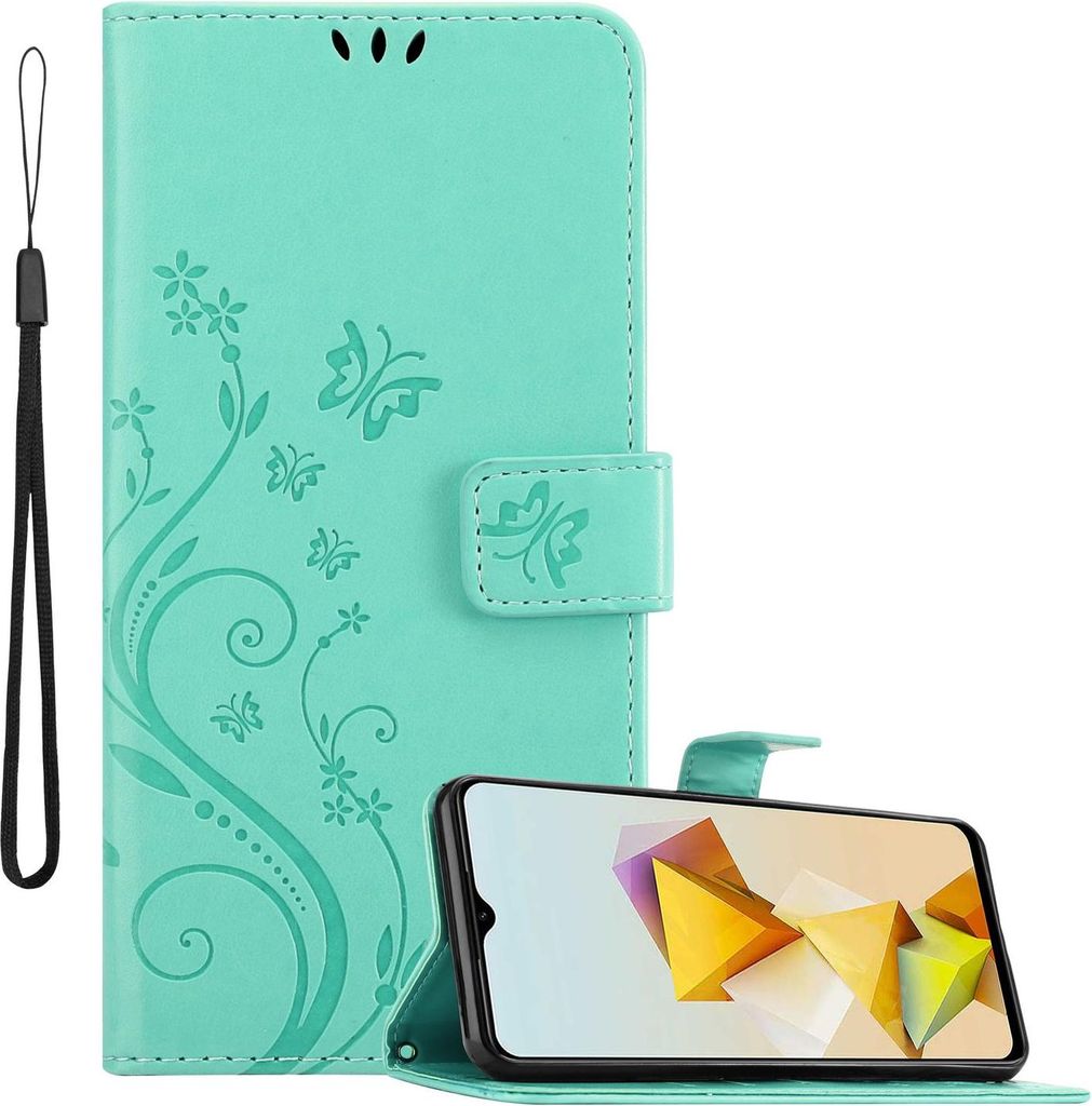 Cadorabo Hülle für ZTE Blade A73 5G Hülle in FLORAL TÜRKIS Schutzhülle im Blumen Design mit Magnetverschluss, Standfunktion und Kartenfächern...