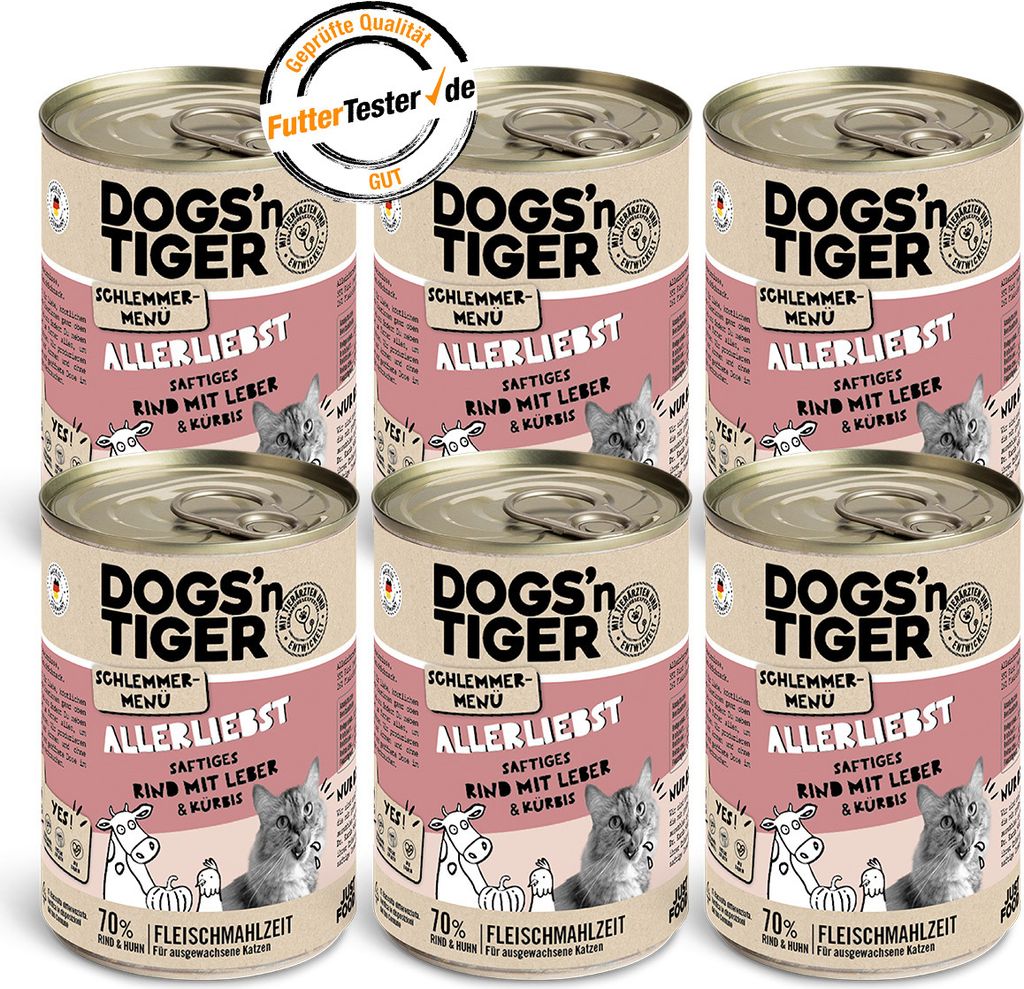 Dogs’n Tiger Adult Katzenfutter, Allerliebst, Nassfutter, Getreidefrei, Rind, Hühnerleber & Kürbis, 6x400g