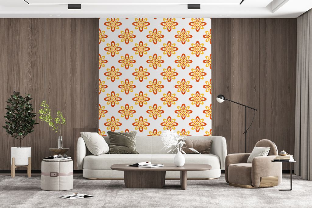 MuchoWow Fototapete für Wohnzimmer oder Schlafzimmer Wandtapete Vinyl Motivtapete Muster - 70er Jahre - Blumen - Orange - 160x220 cm - Bildschir...