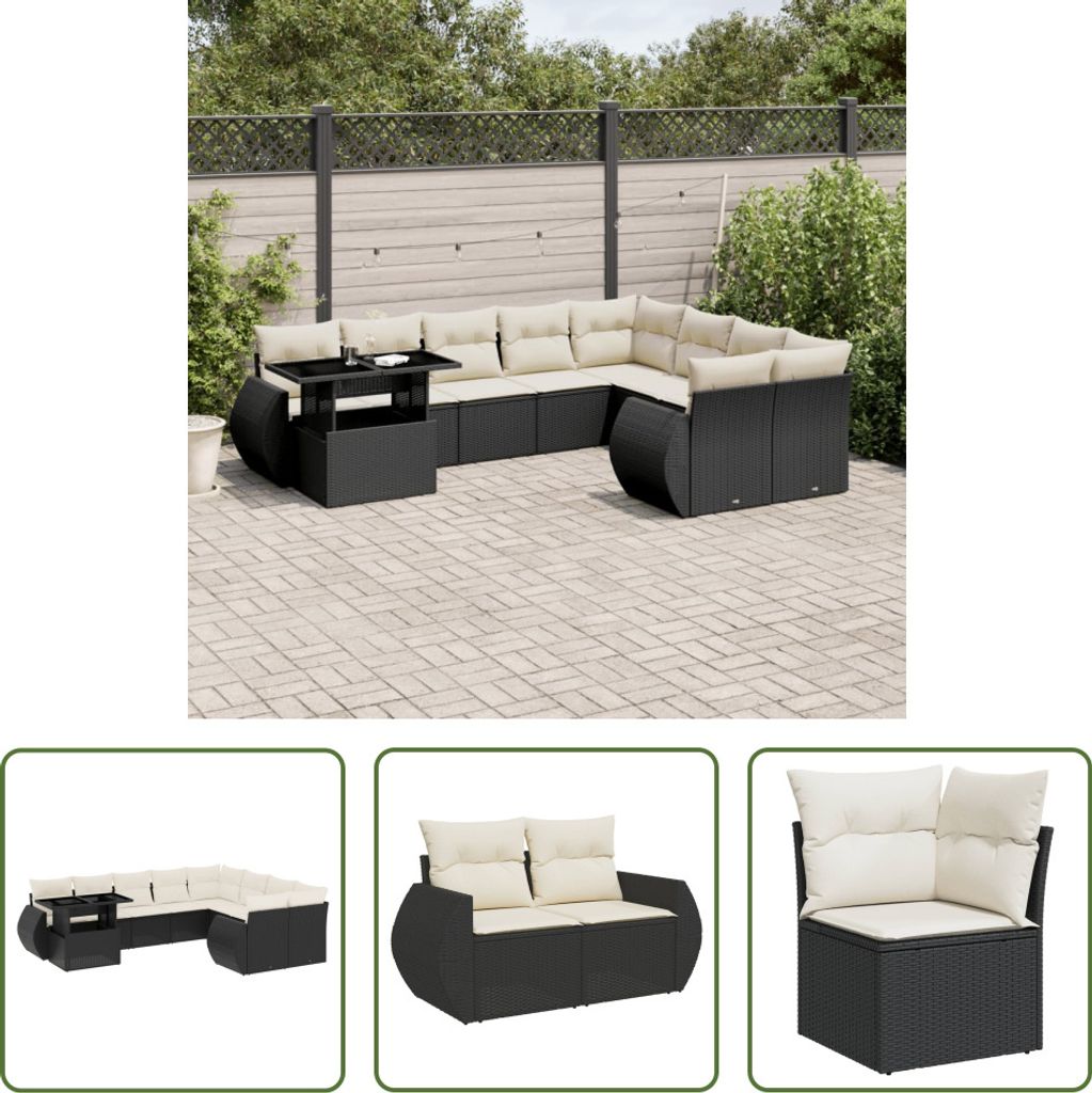 The Living Store 10-tlg. Garten-Sofagarnitur mit Kissen Schwarz Poly Rattan