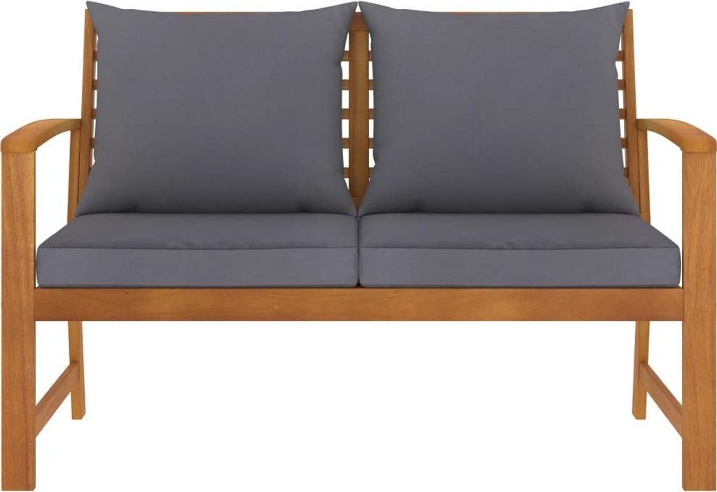 A front view of a wooden garden bench with dark gray cushions.