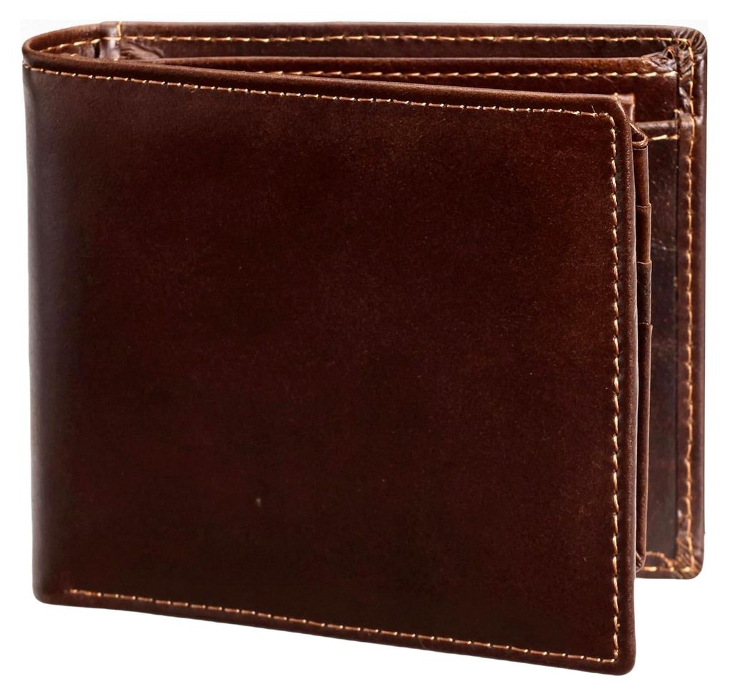 Herren Geldbörse aus Leder mit RFID Schutz, Bifold Portemonnaie, Geldbeutel mit Münzfach und transparentem Sichtfach für den Ausweis (Dunkelbraun)