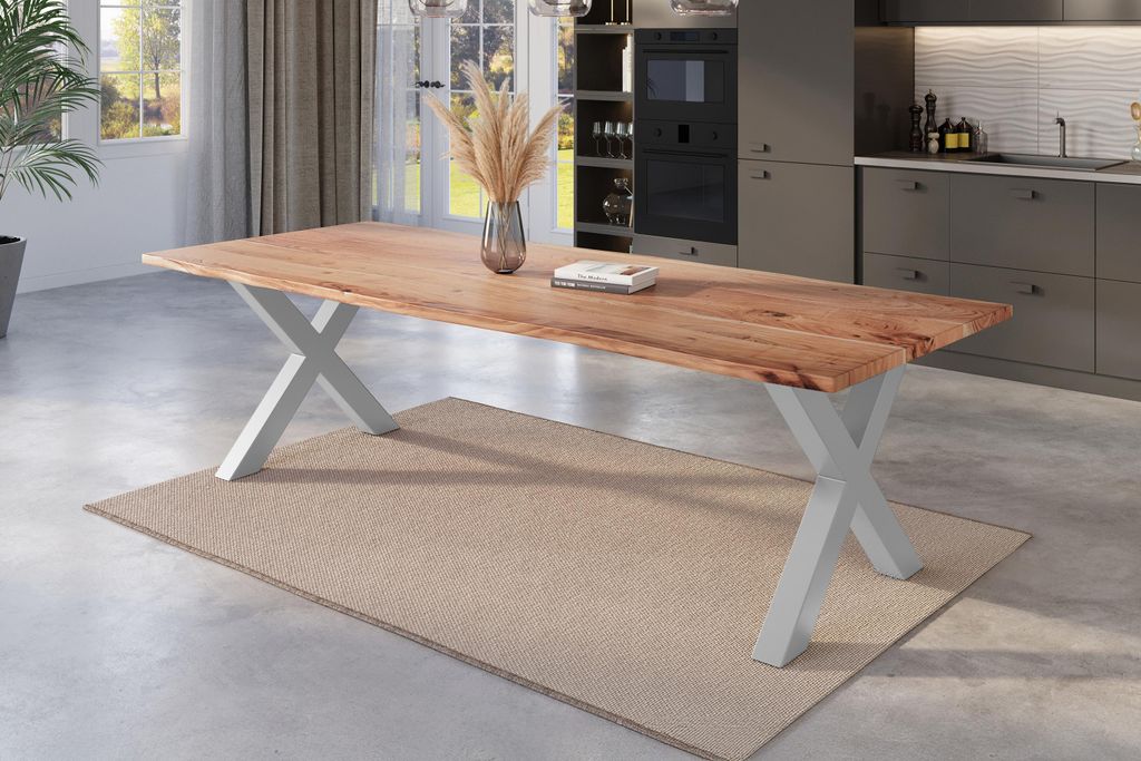 Esstisch Baumkante 300 x 100 cm Akazie natur massiv X-Gestell silber NICK
