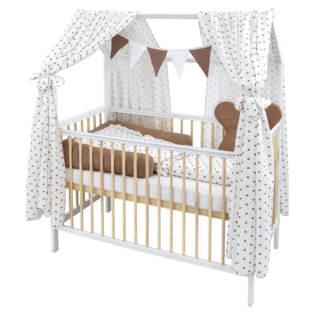 Baby-Delux Hausbett Himmel Musselin Betthimmel 2-er Set für Hausbett Kinderbett Baumwolle 160x300 cm Weiß Herzen Braun