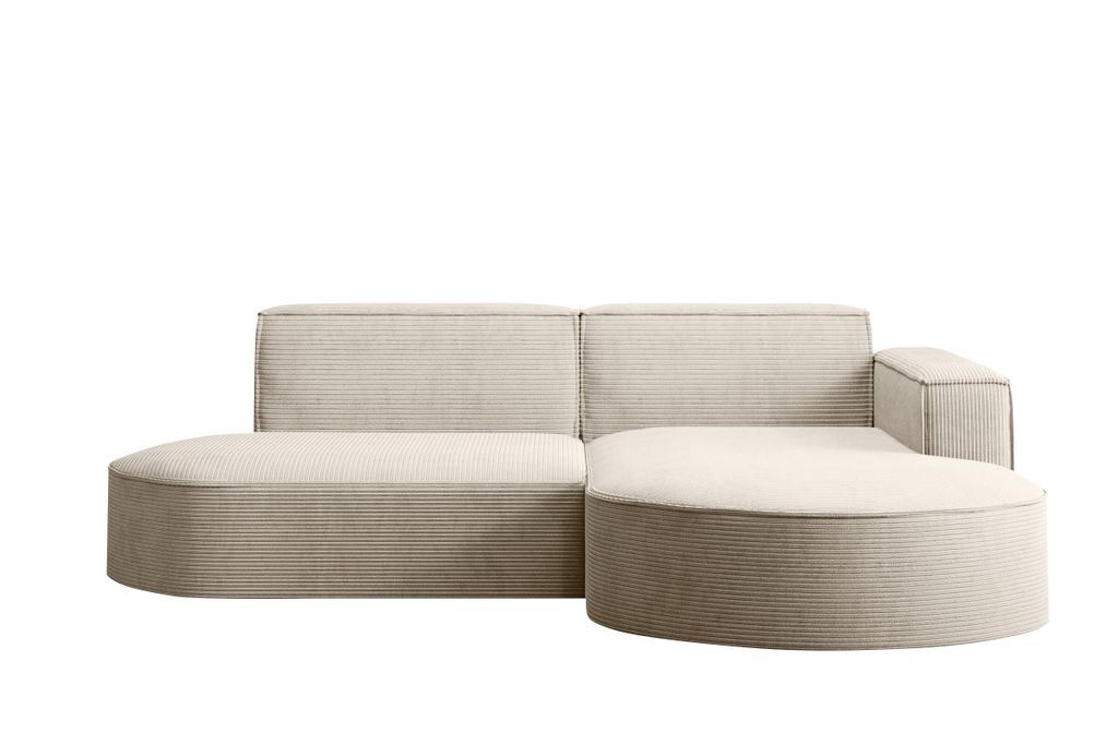 A modular beige sectional sofa with a rounded ottoman.