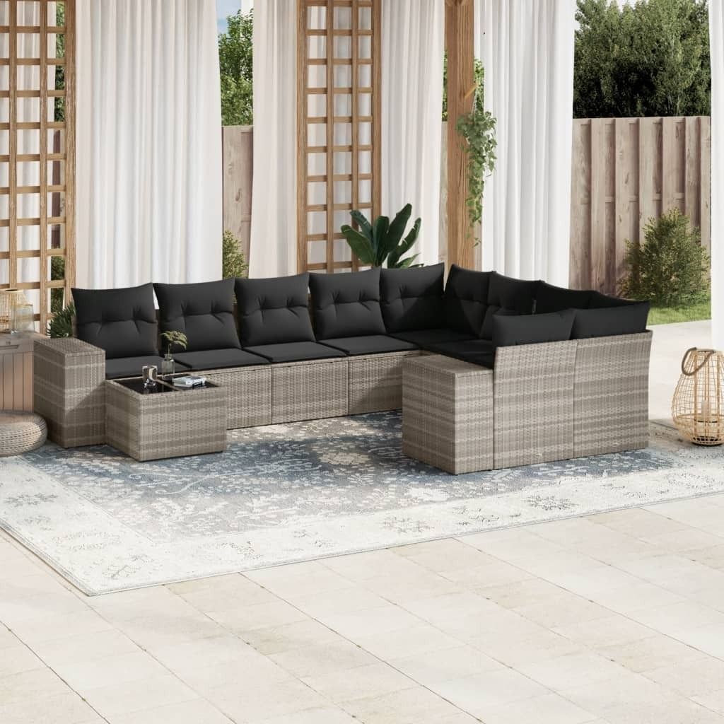 "2026 Promotion" 10-tlg. Garten-Sofagarnitur/Terrassenmöbel - mit Kissen - Hellgrau Poly Rattan - Gartenmöbelset CC12329