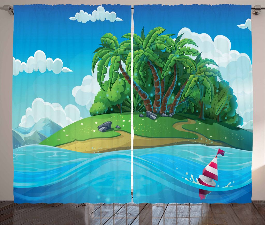 ABAKUHAUS Tropisch Rustikaler Gardine, Aquatic Seascape Muster, Schlafzimmer Kräuselband Vorhang mit Schlaufen und Haken, 280 x 175 cm, Mehrfarbig