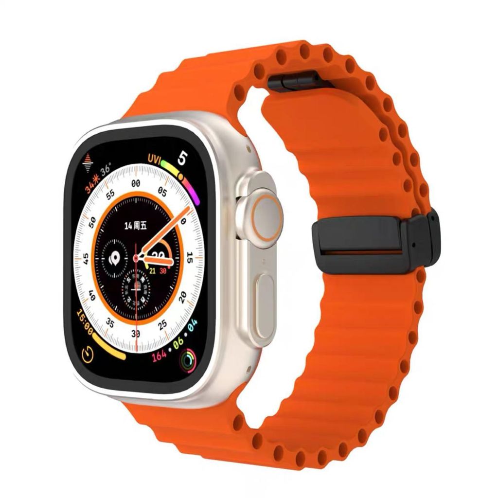 FFO2World Magnetverschluss Silikonarmband „Ocean“ – für Apple Watch 46/45/44/42 mm (Serie 11–1/SE) & 49 mm Ultra – Wellen-Design – Orange