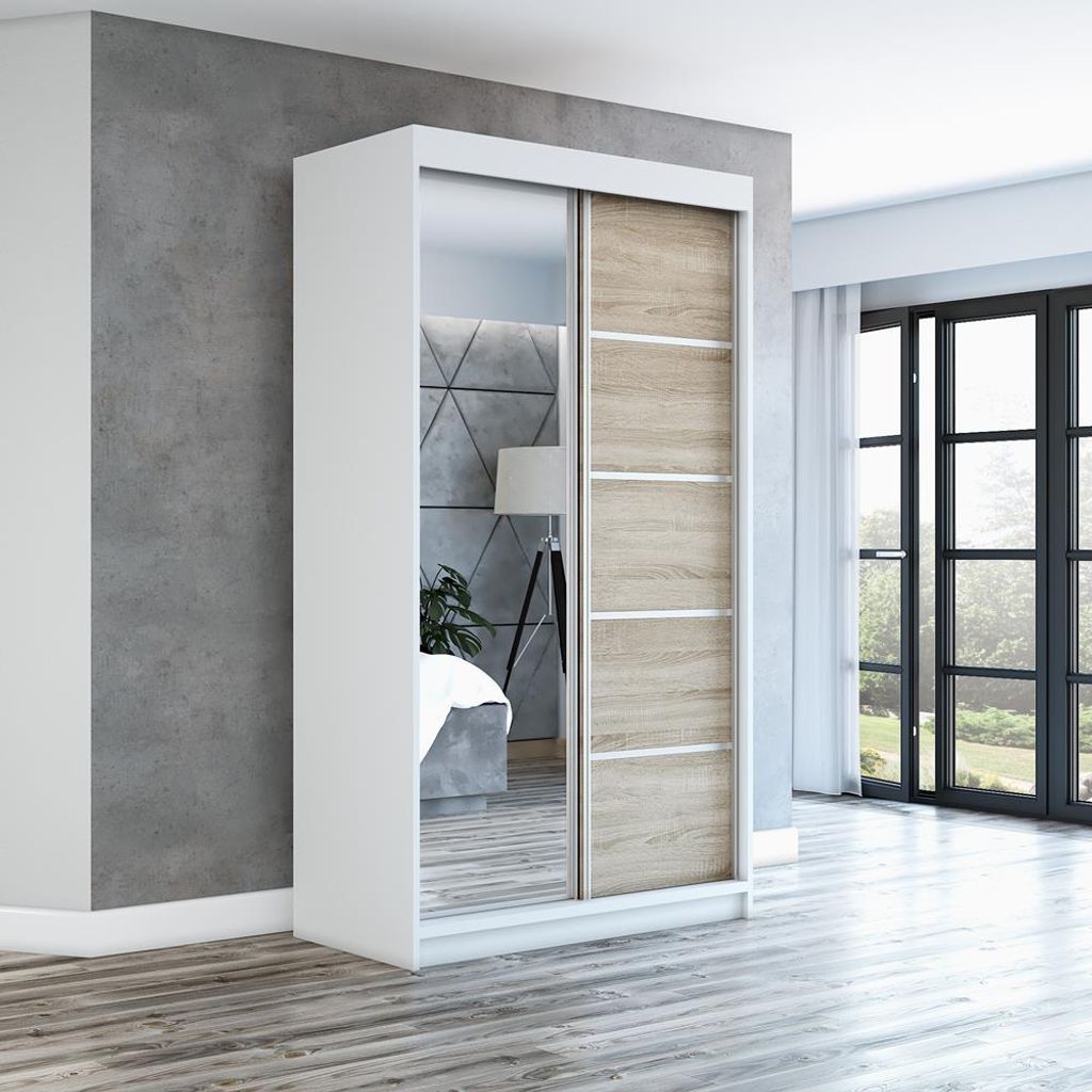 Schwebetürenschrank GAP 120 cm 2-türig Schrank mit Spiegel. Farbe: Weiß / sonoma
