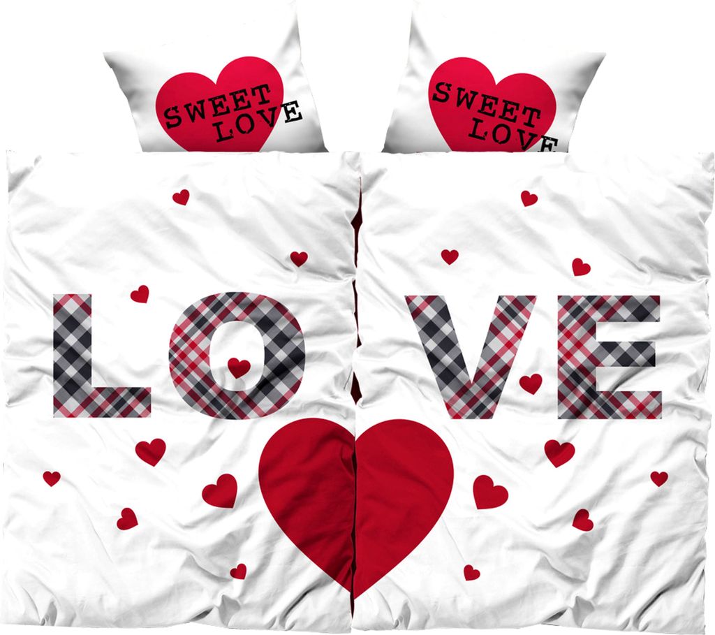 4 teilige Partner Bettwäsche 135x200 / 155x220 cm Microfaser Bettbezüge Set, Farbe:Love weiß / rot, Größe:135 x 200 cm