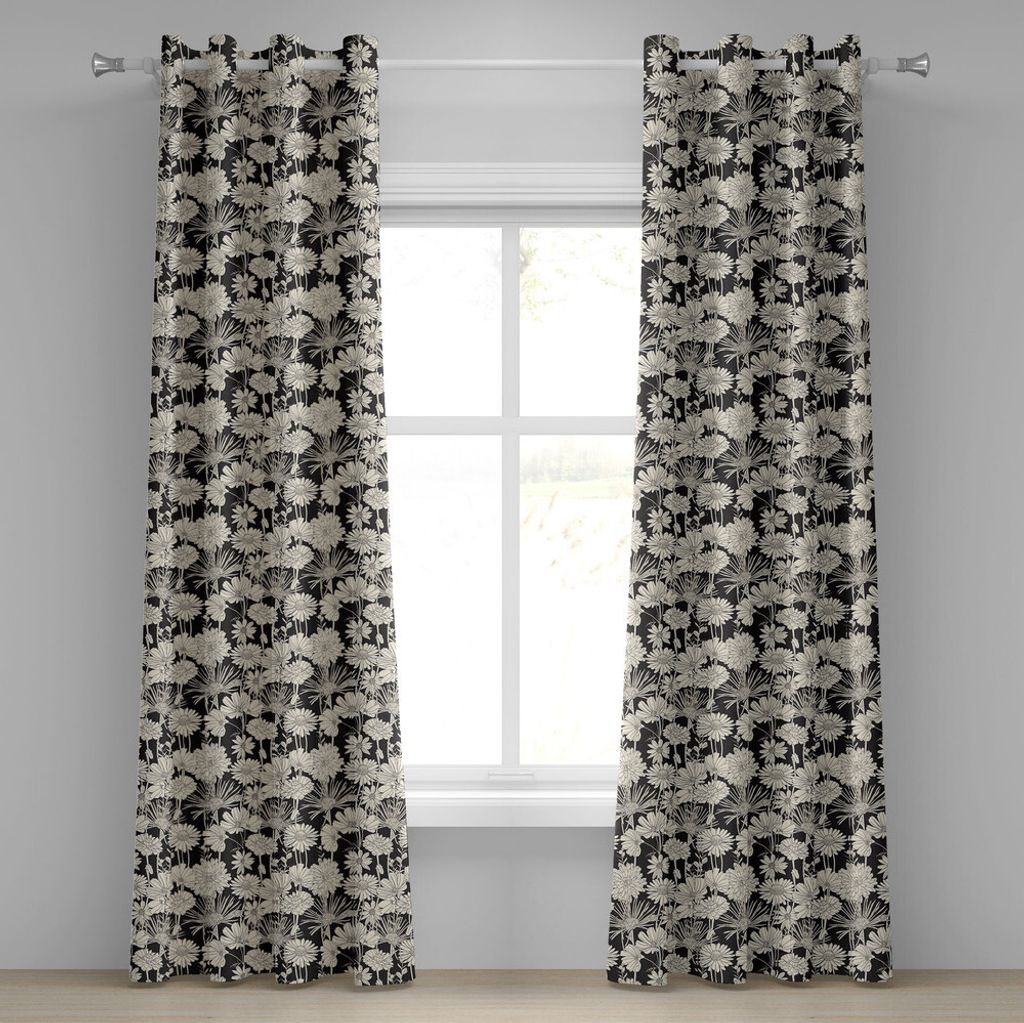 ABAKUHAUS Blume Ösenvorhang, Frühlings-Wachstums-Schattenbild-Illustrations-einfarbige Garten-Schönheit des Natur-Themas, Dekorative 2-Panel-Fen...