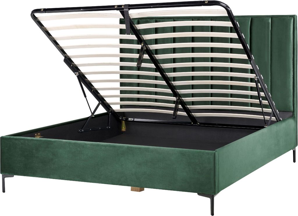 BELIANI Polsterbett Dunkelgrün Samtstoff Gesteppt mit Hohem Kopfteil Bettkasten Lattenrost 180x200 cm Hochklappbar für Schlafzimmer Doppelbett Eh...