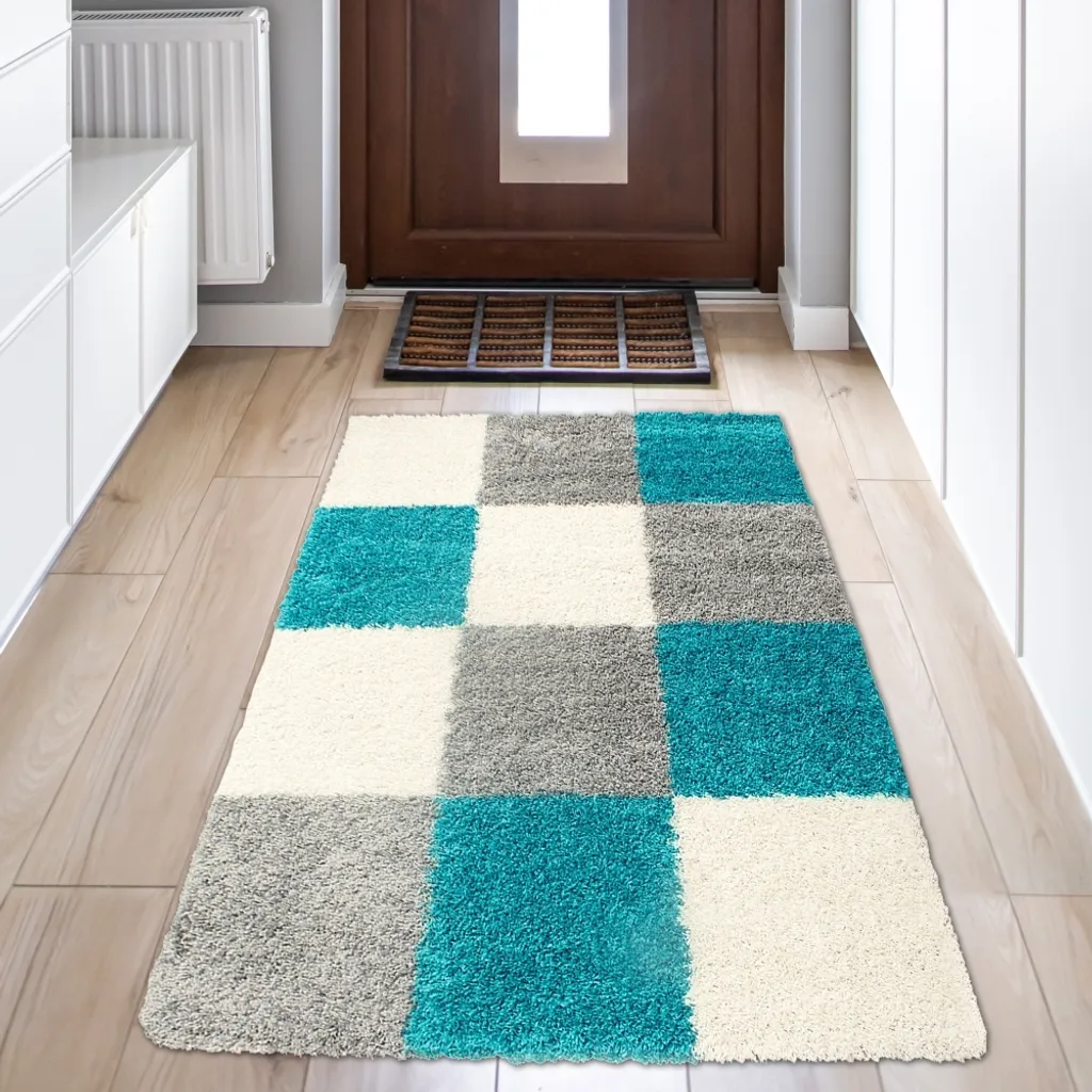 Tapis Shaggy Épais à Carreaux Turquoise et Gris - Douceur 80x150cm