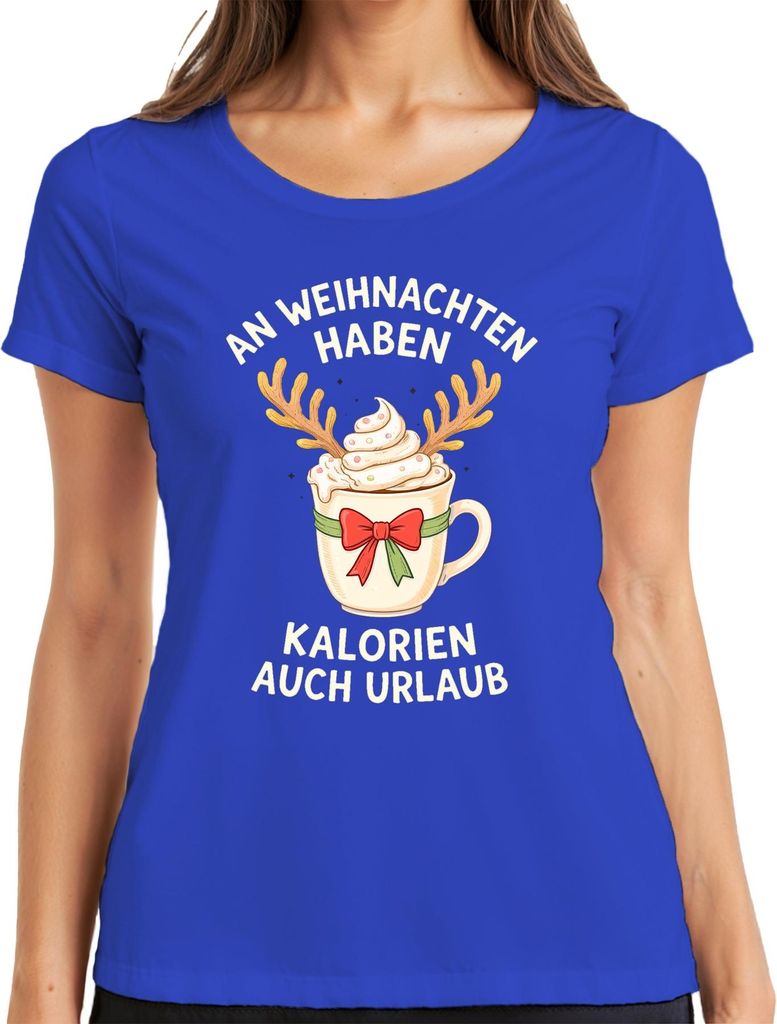 An Weihnachten haben Kalorien lustig Geschenk Kaffee Rentier Damen T-Shirt, Blau, XL