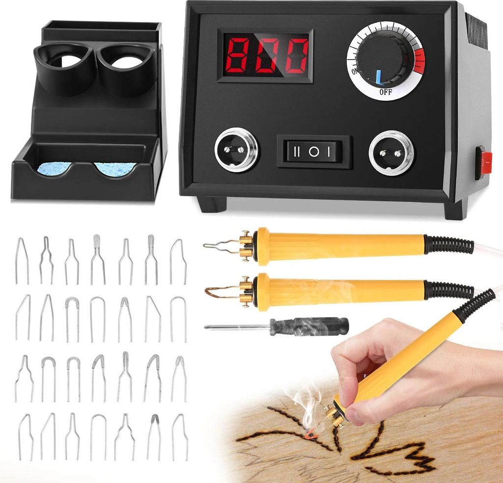 Pyrographie Set - 60W Brennstation - Holzbrandgerät - 2 Brennstifte - 30 Drahtspitzen - für Holz Leder Kürbis - schwarz