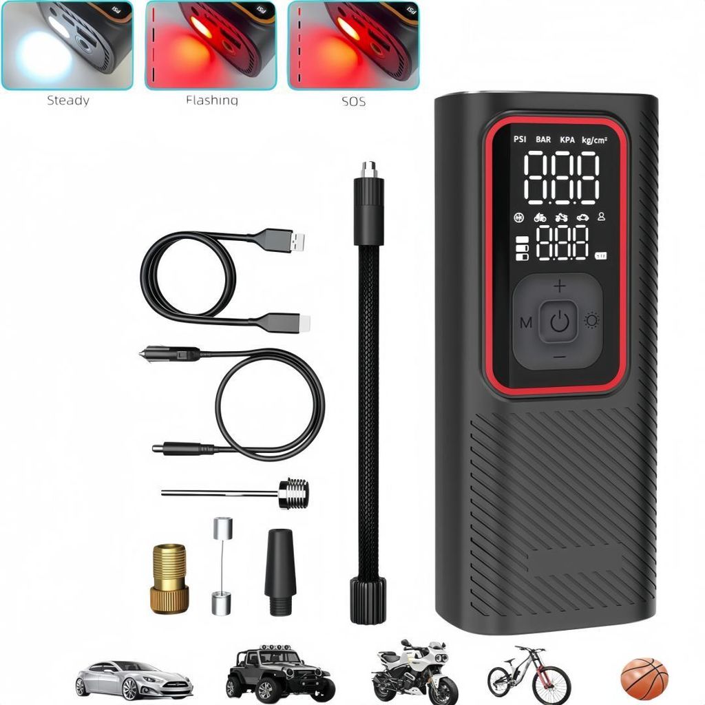 Elektrische Luftpumpe mit 6000mAh Akku, 150PSI Elektrischer Kompressor Tragbar Fahrradpumpe mit Digitalem LCD Display/ SOS LED Licht, Reifenpumpe