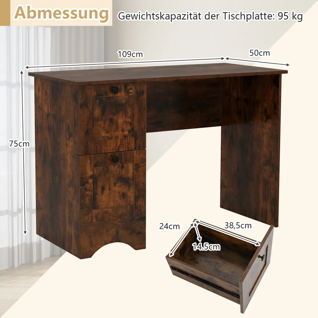 Bureau Moderne 109cm avec 2 Tiroirs de Rangement Style Industriel