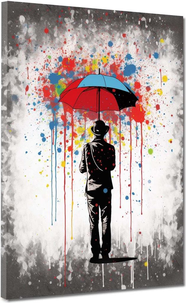 Mann mit Regenschirm abstrakt Pop Art Leinwandbild Wandbild Kunstdruck XL: 105x140x4cm