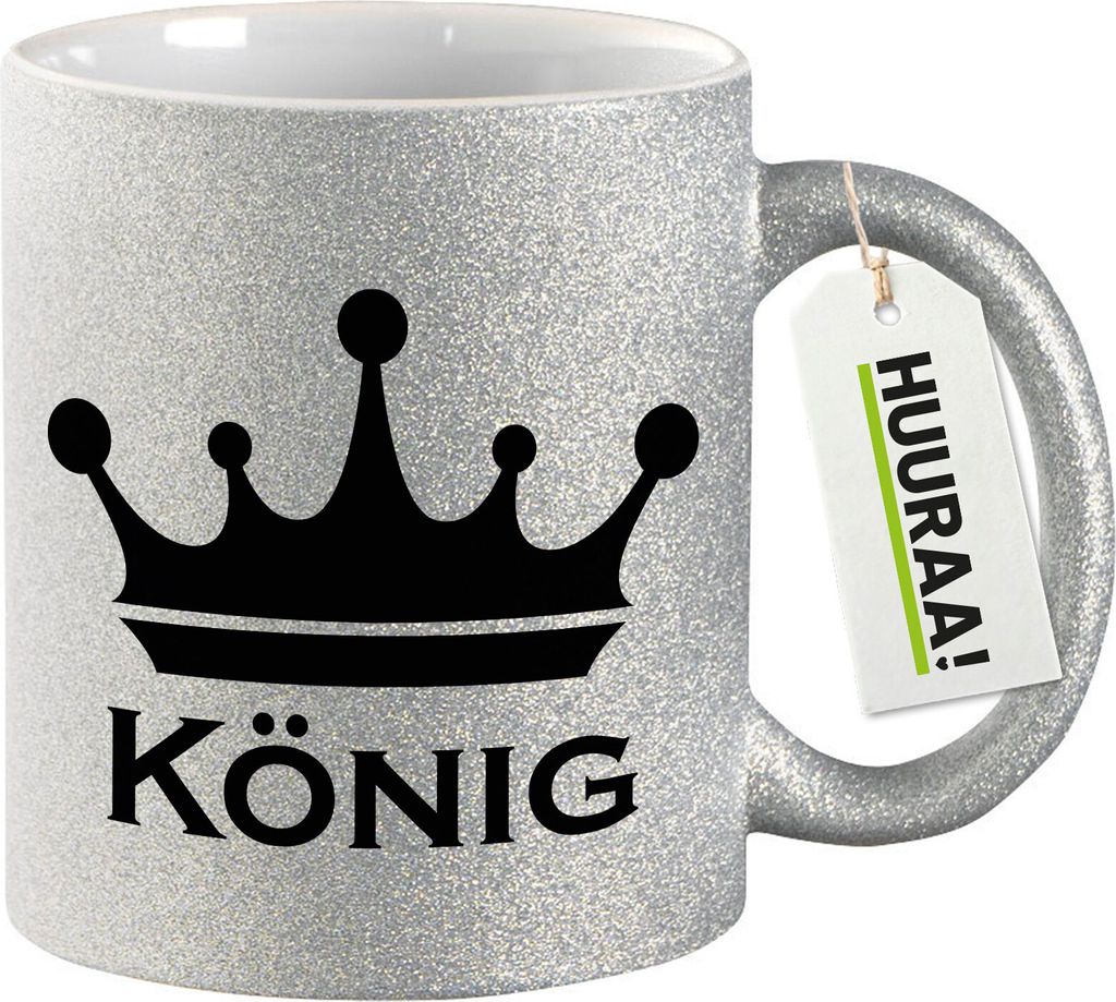 Huuraa Glitzertasse König Schützenkönig 330ml Silber Keramik Kaffeebecher Geschenkidee